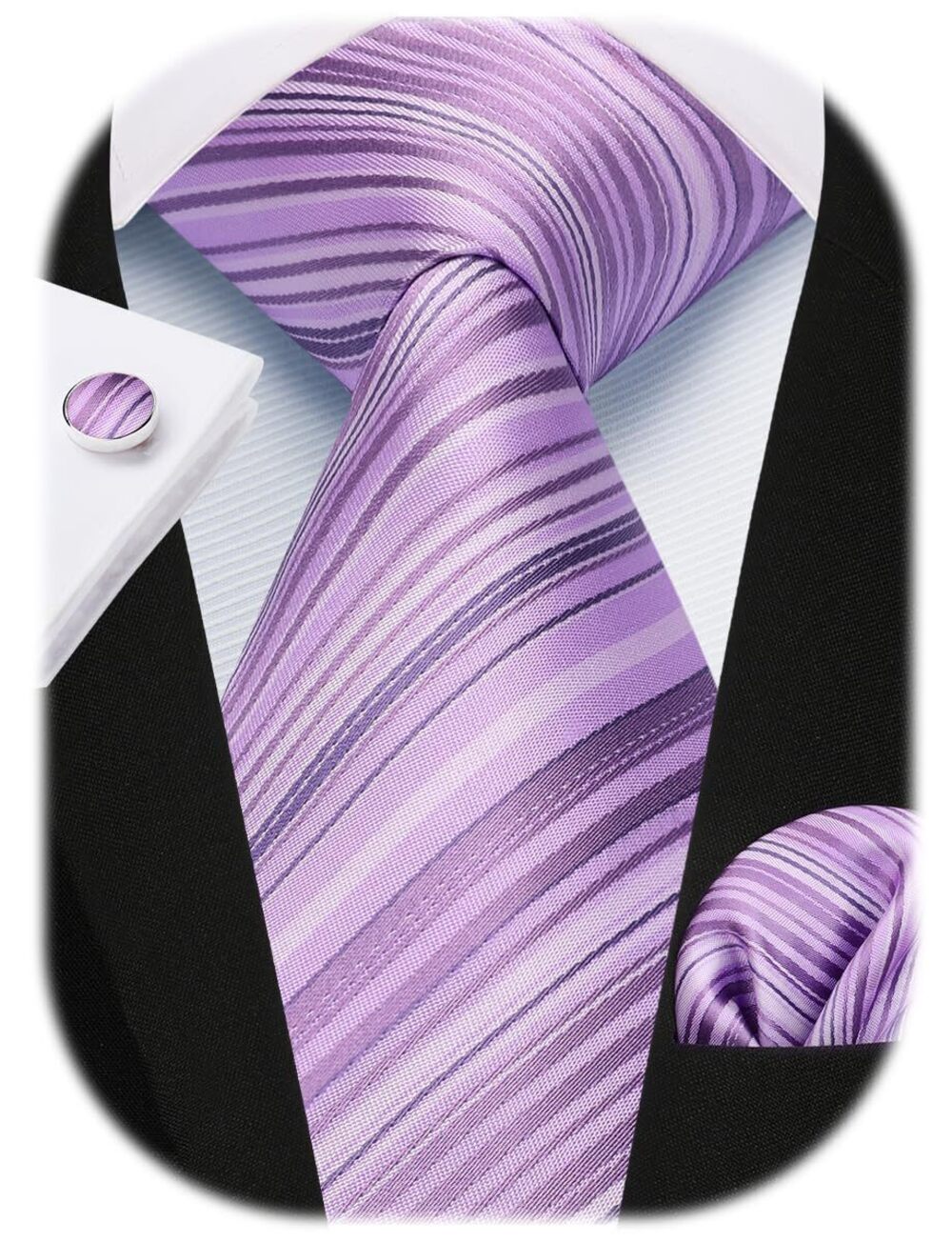 5823 Purple Ties Stripe Silk Formal Tie Pocket Square Cufflinks Set Solid